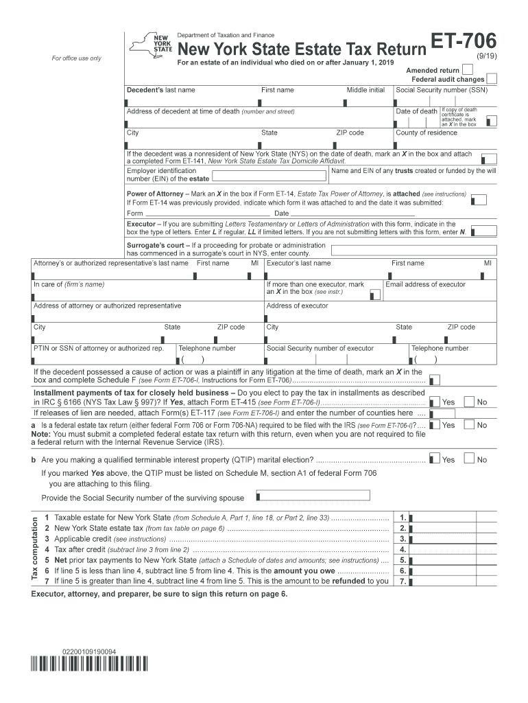 Fillable Online Form ET7069/19New York State Estate Tax Return for