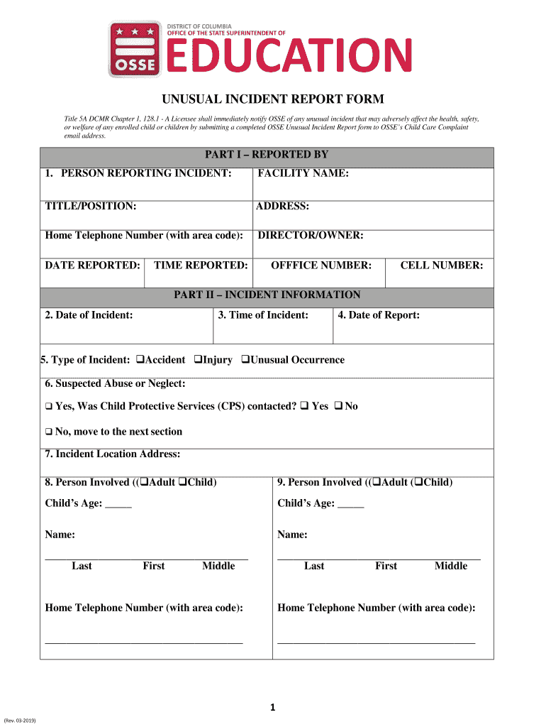 20192023 DC Unusual Incident Report Form Fill Online, Printable, Fillable, Blank pdfFiller