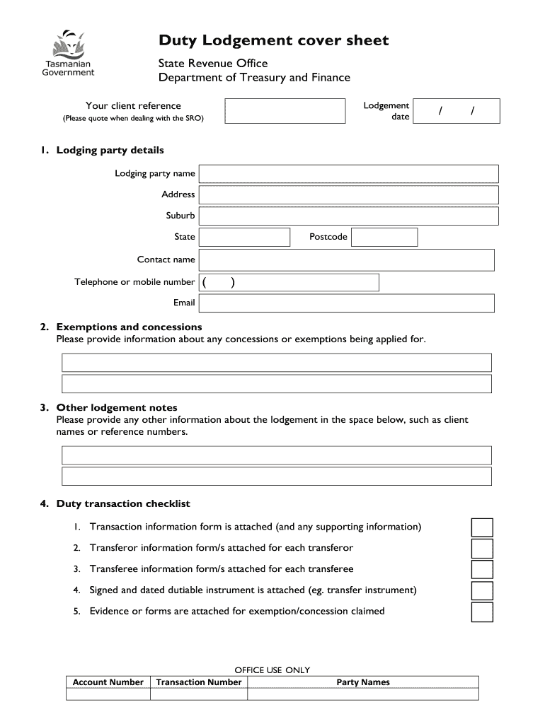 Fillable Online Duty Lodgement cover sheet State Revenue Office Fax
