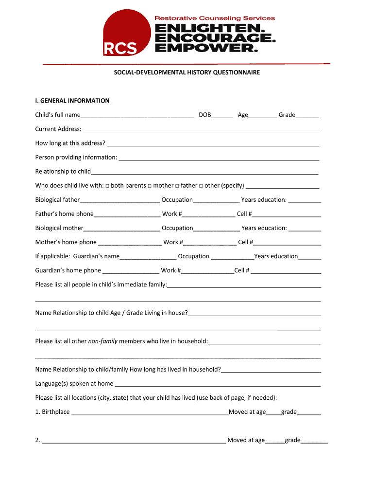Fillable Online SOCIALDEVELOPMENTAL HISTORY QUESTIONNAIRE I Fax