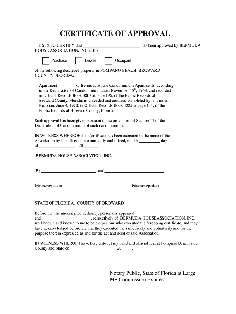 Fillable Online certificate of approval The Bermuda House Condo