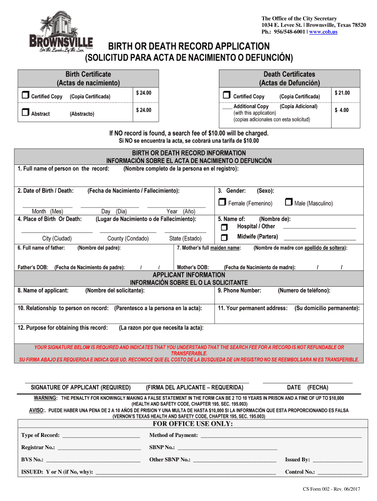Fillable Online birth or death record application City of Brownsville