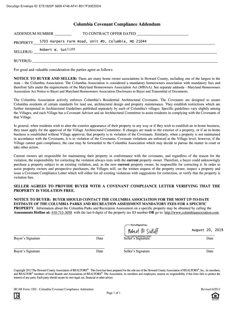 Columbia Covenant Compliance Addendum Bright MLS Fill and Sign