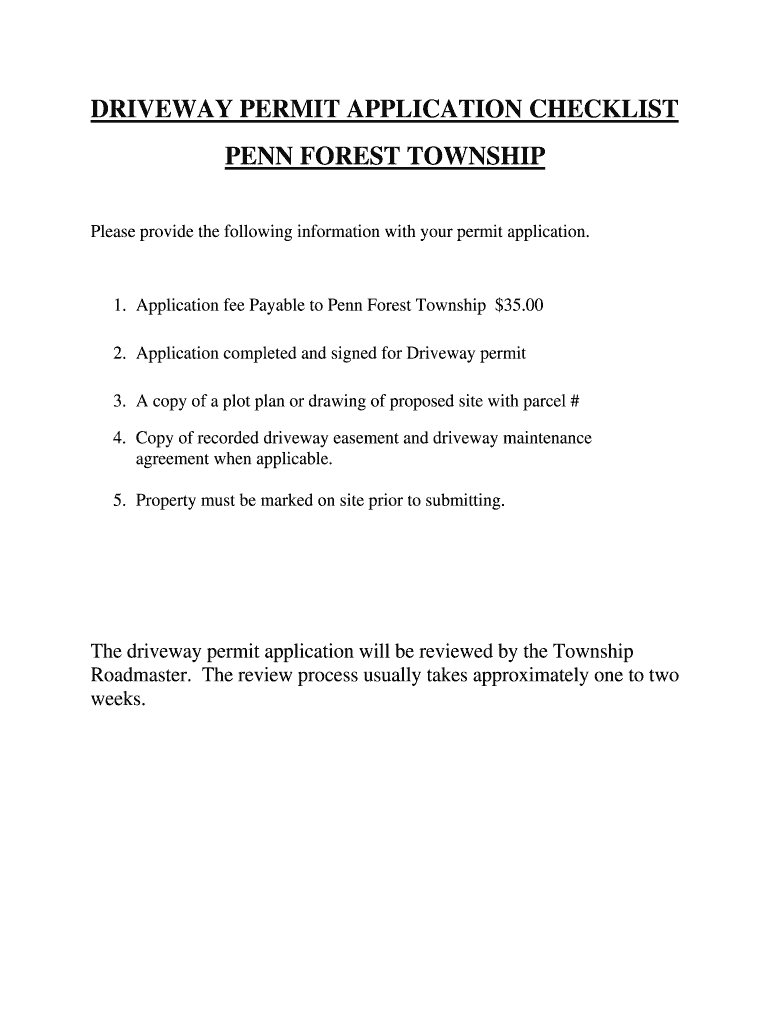 Fillable Online driveway permit application checklist penn forest