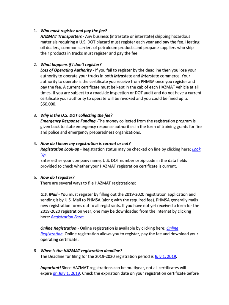 Fillable Online 1. Who must register and pay the fee? HAZMAT
