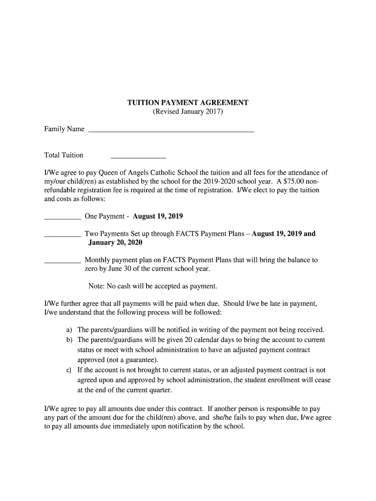 Fillable Online TUITION PAYMENT AGREEMENT Queen of Angels Catholic