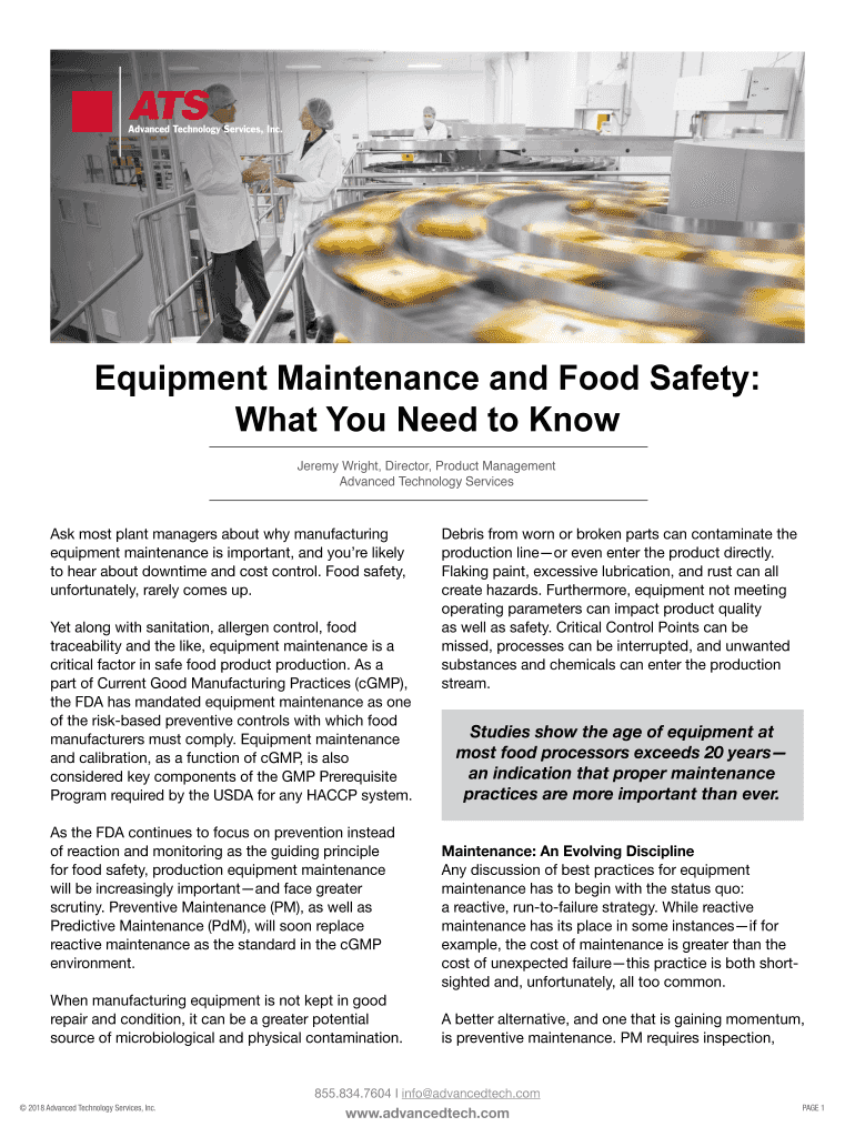 Fillable Online Equipment Maintenance and Food Safety. Food Safety in