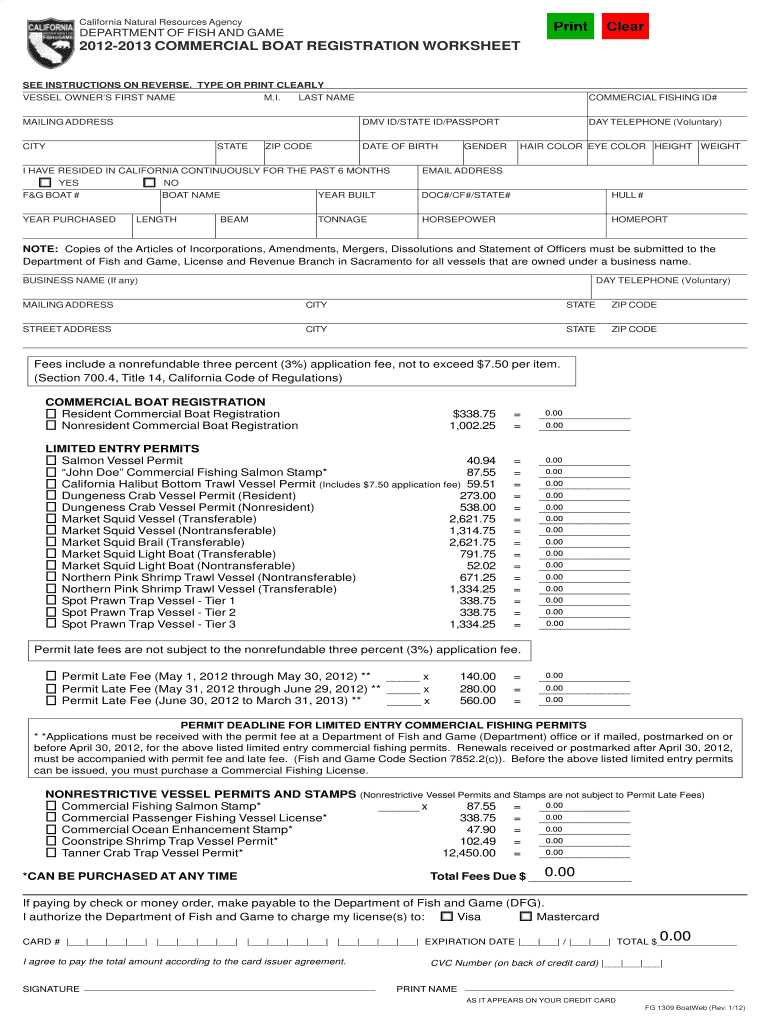 Fillable Online 20122013 COMMERCIAL BOAT REGISTRATION WORKSHEET Fax