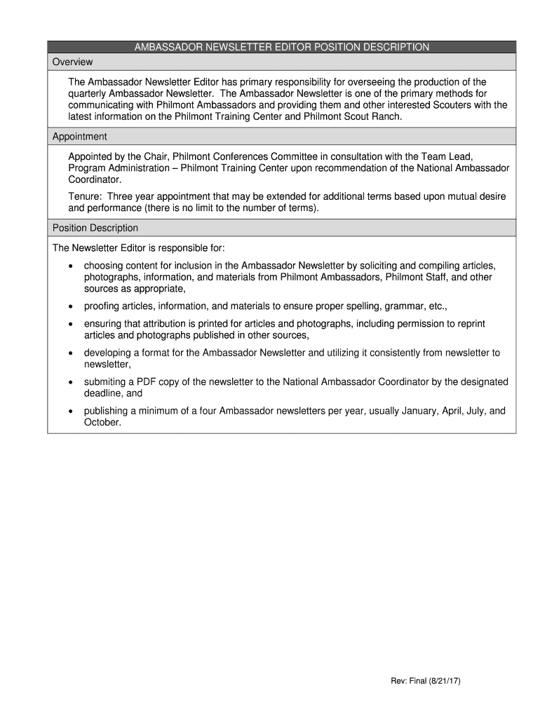 Fillable Online Brand Ambassador Job Description Sample Template