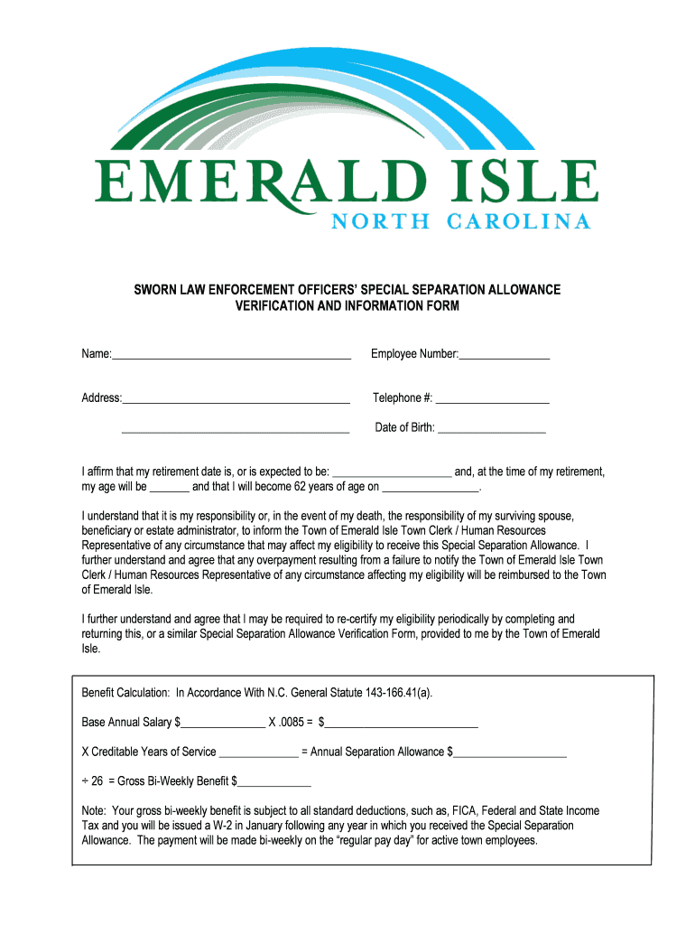 Fillable Online 73 Law Enforcement Separation Allowance Town of
