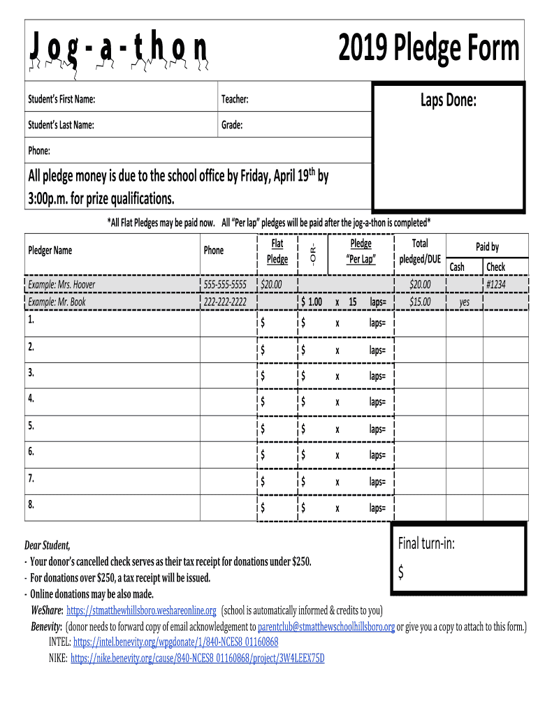 Fillable Online Jogathon 2019 Pledge Form stmatthewschoolhillsboro