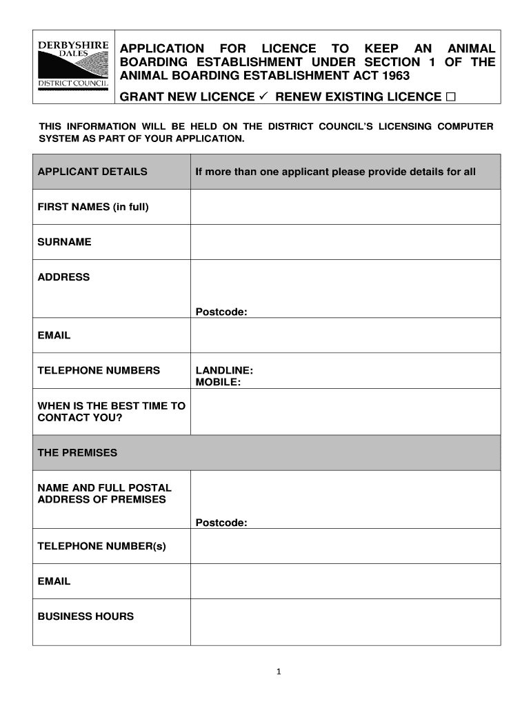 Fillable Online application for licence to keep an animal boarding