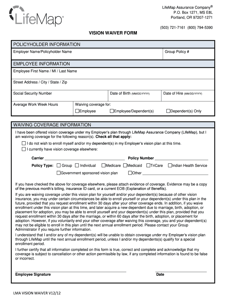 Fillable Online VISION WAIVER FORM Fax Email Print pdfFiller