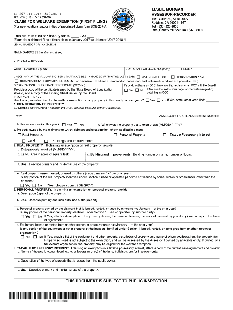 Fillable Online claim for homeowners' property tax exemption Shasta