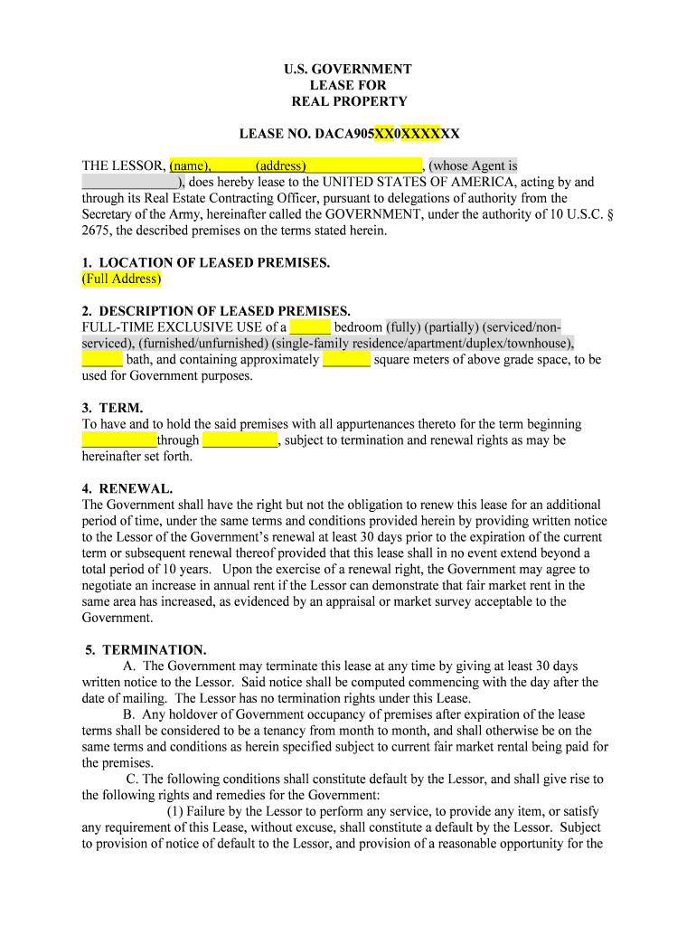 Fillable Online U.S. GOVERNMENT LEASE FOR REAL PROPERTY LEASE Fax Email Print pdfFiller