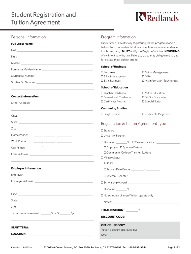 University of Redlands Student Registration and Tuition Agreement 2017