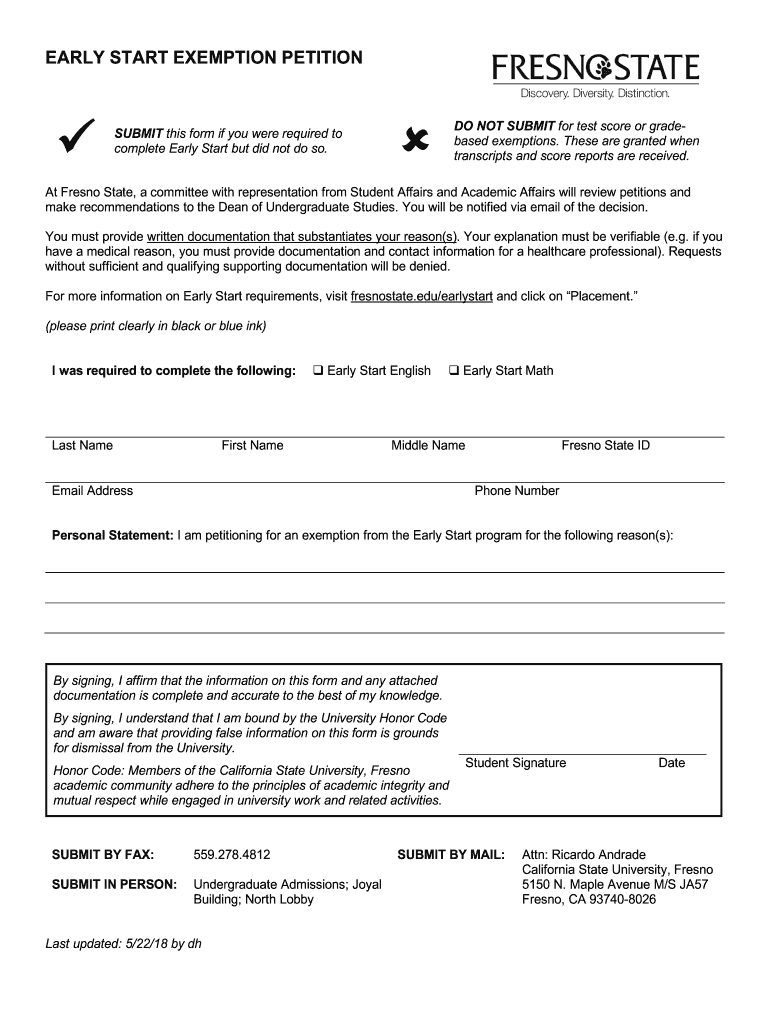 Fillable Online Early Start Exemption Form Fresno State Fax Email