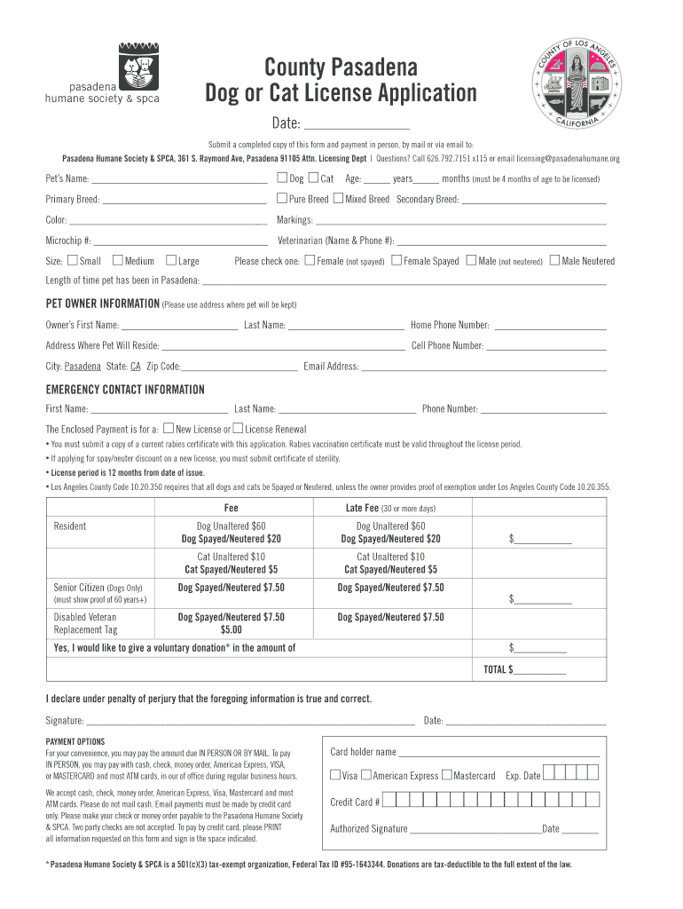 Fillable Online County Pasadena Dog or Cat License Application Fax