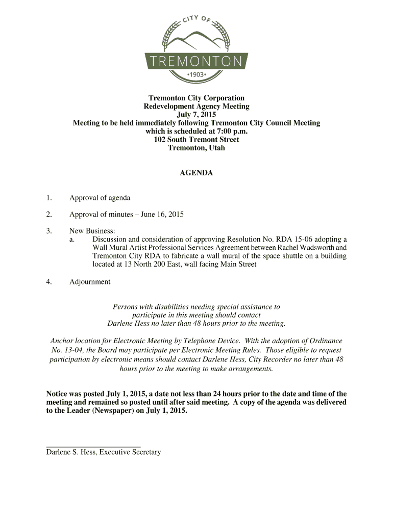 Fillable Online Tremonton City Council/RDA Public Notice site Fax Email Print pdfFiller