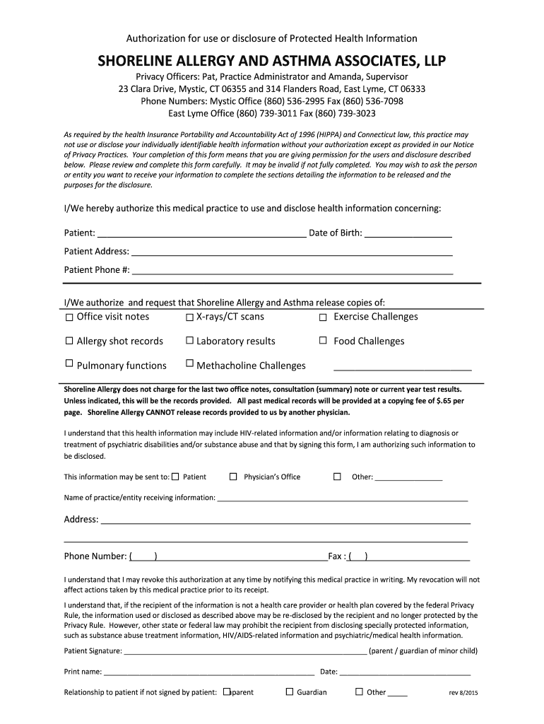 Fillable Online Shoreline Allergy/Asthma Associates in Mystic, CT Fax