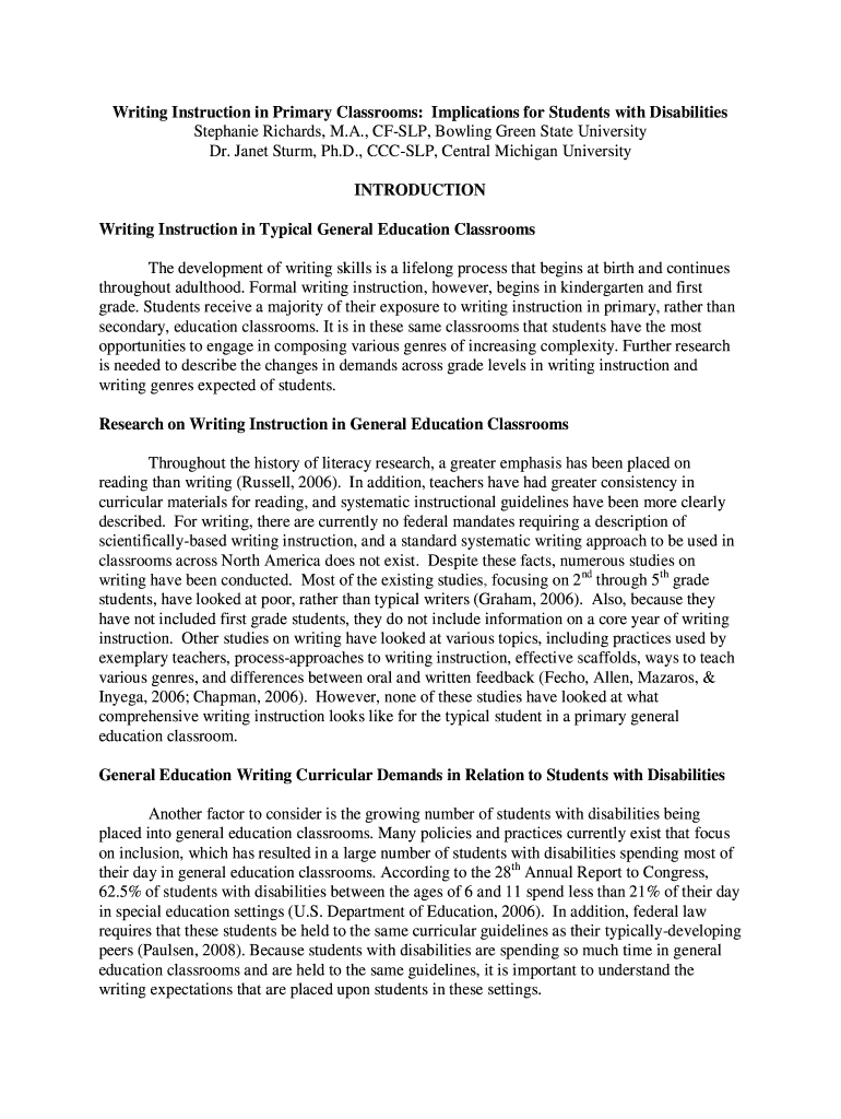 Fillable Online Writing Instruction in Primary Classrooms Fax Email