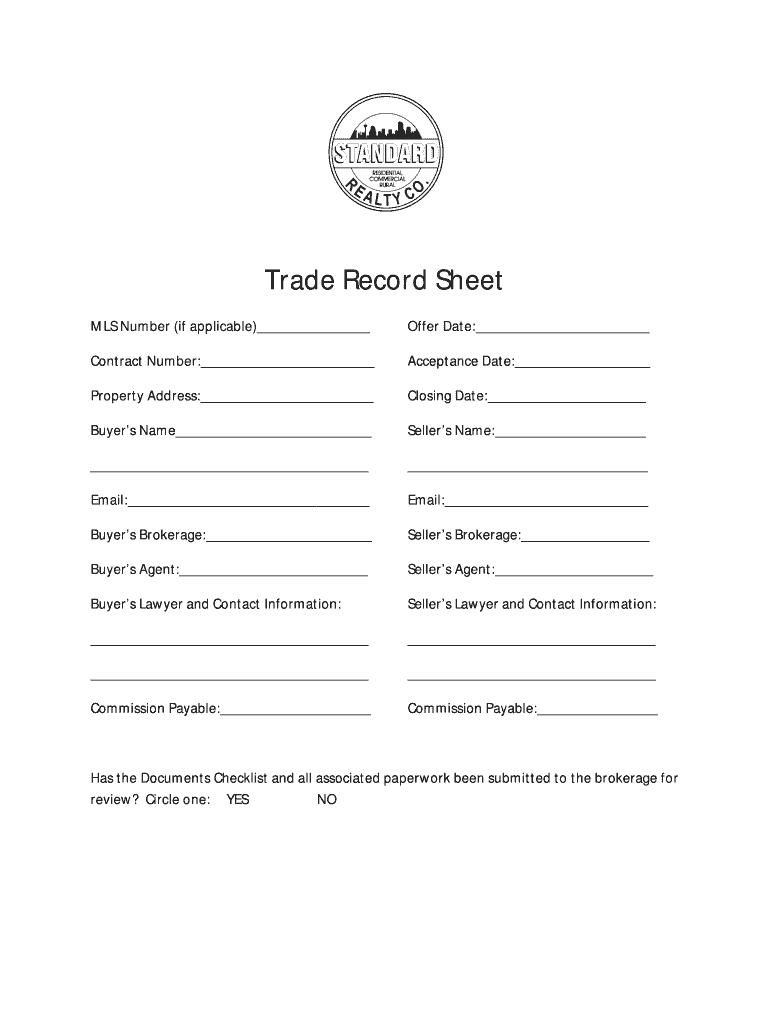 Fillable Online Trade Record Sheet Standard Realty Forms Fax Email
