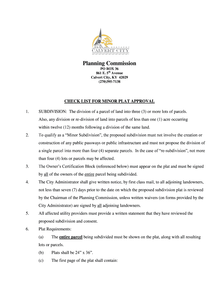 Fillable Online CHECK LIST FOR MINOR PLAT APPROVAL City of Calvert