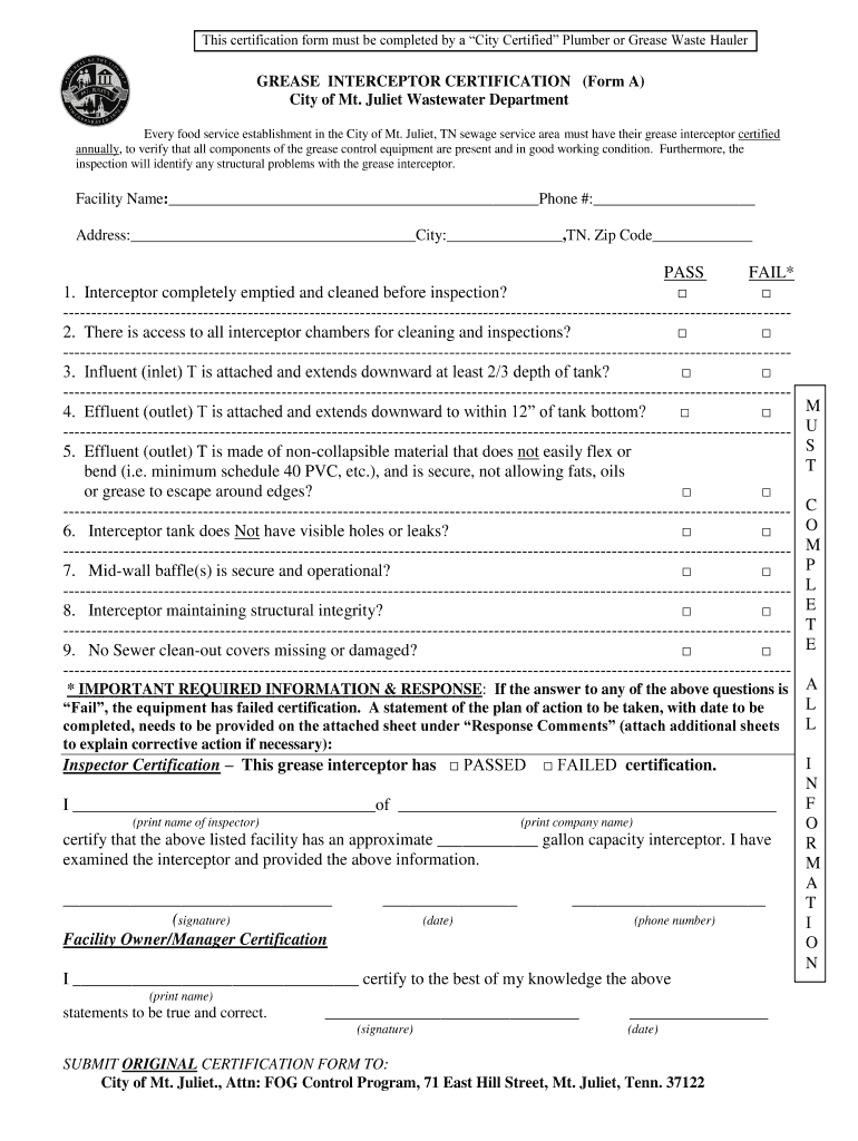 Fillable Online GREASE INTERCEPTOR CERTIFICATION (Form A) Clarksville