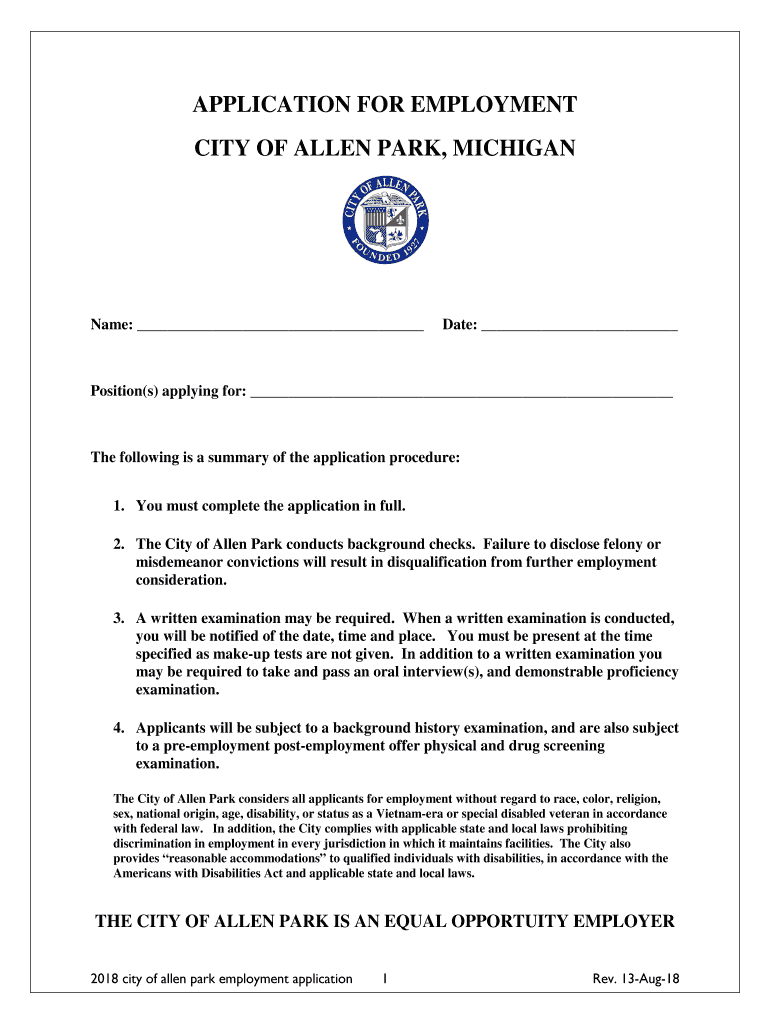 Fillable Online Allen Park Fire Department Employment Application Fax
