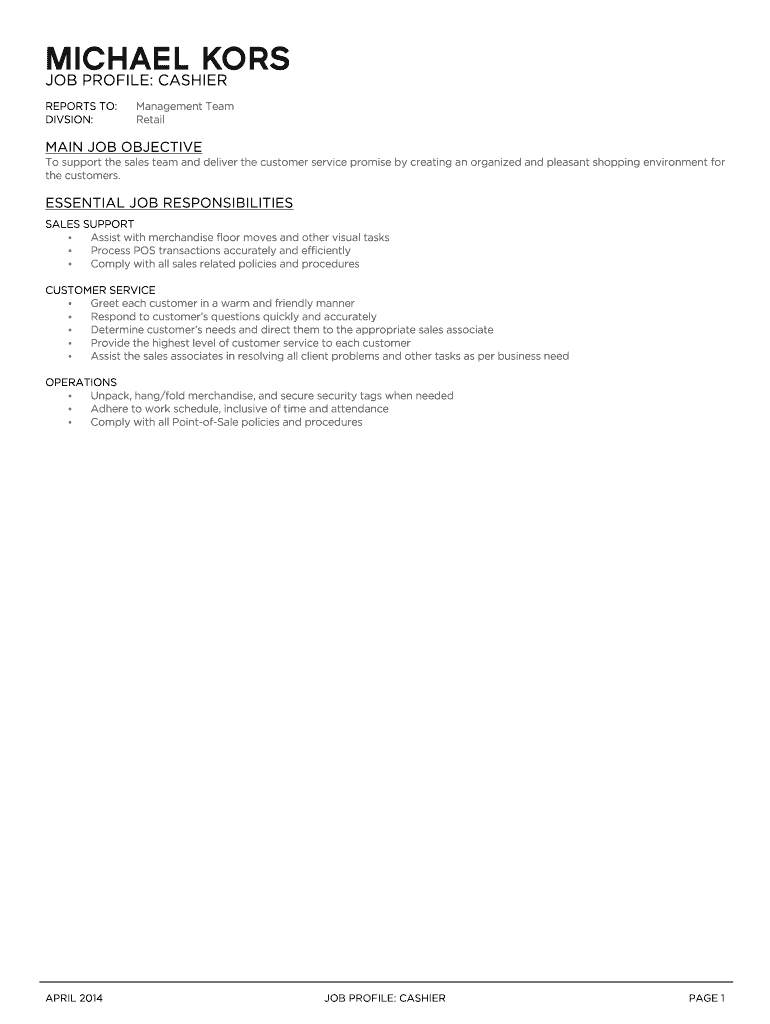 Fillable Online Cashier job description sample with Responsibilities and Fax Email Print