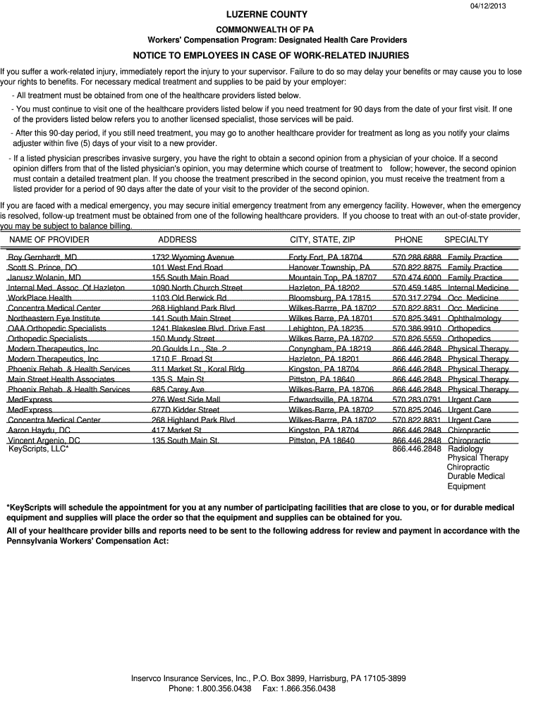 Fillable Online luzerne county notice to employees in case of work