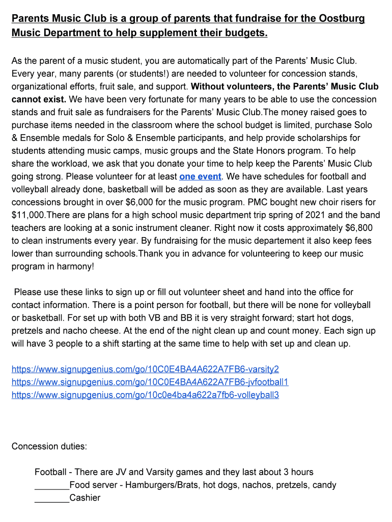 Fillable Online oostburg k12 wi Parents Music Club is a group of