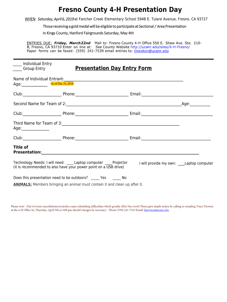 Fillable Online Fresno County 4H, 550 E Shaw Avenue, Ste 210B