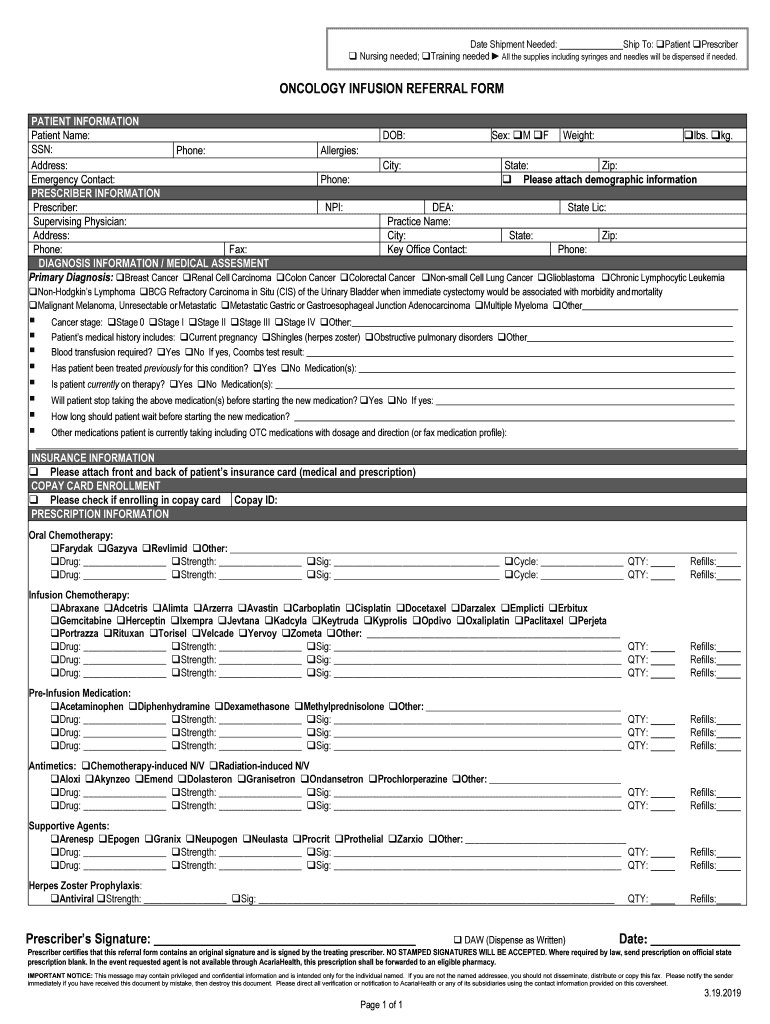Fillable Online Acaria Health VACTOncology Infusion Referral Form