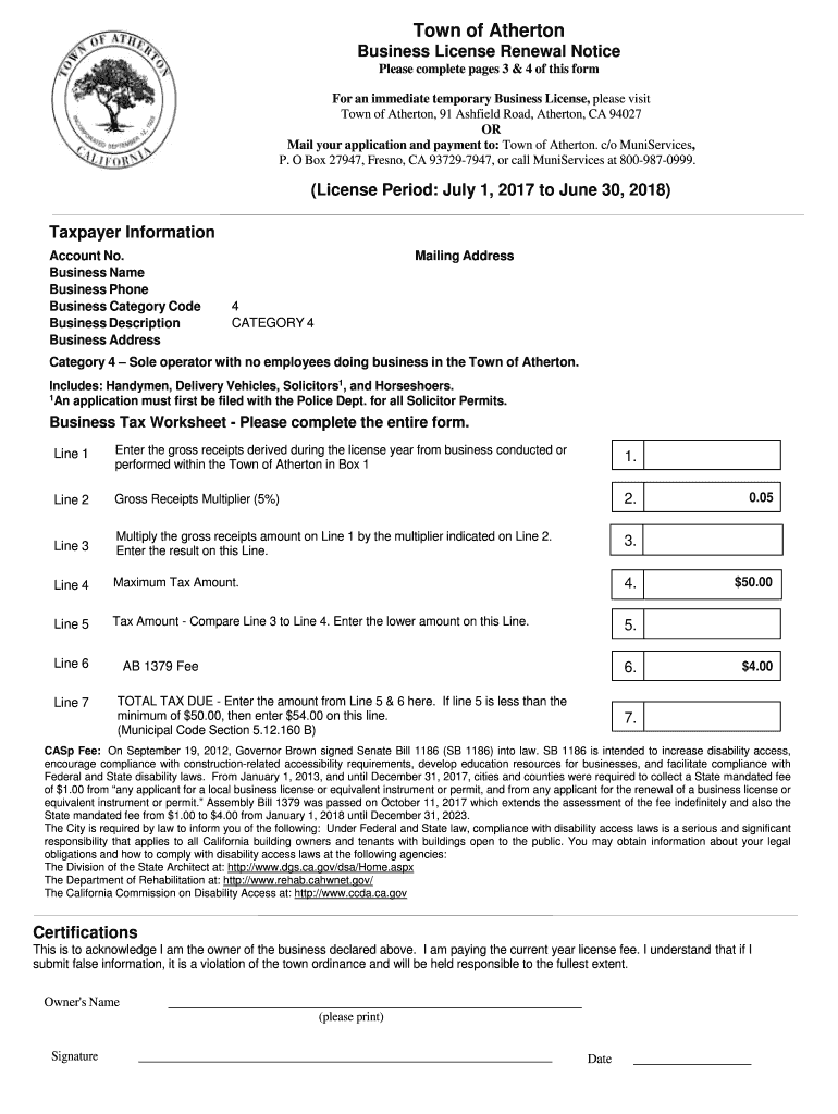 Atherton Business License Fill Online, Printable, Fillable, Blank