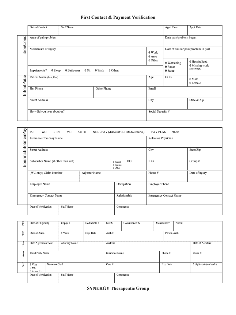 Fillable Online First Contact & Insurance Verification Form Fax Email