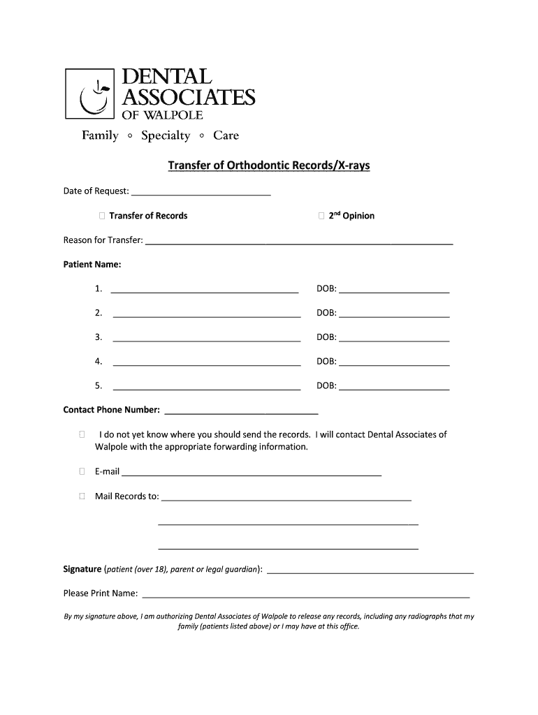 Fillable Online Transfer of Orthodontic Records/Xrays Fax Email Print