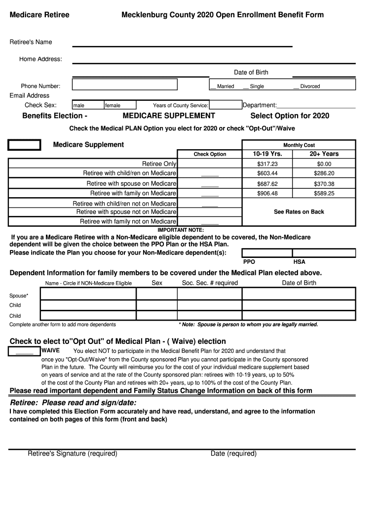 Fillable Online Mecklenburg County 2020 Open Enrollment Benefit Form