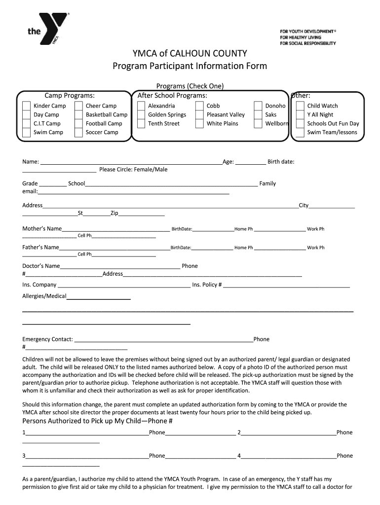Fillable Online YMCA of CALHOUN COUNTY Program Participant Information