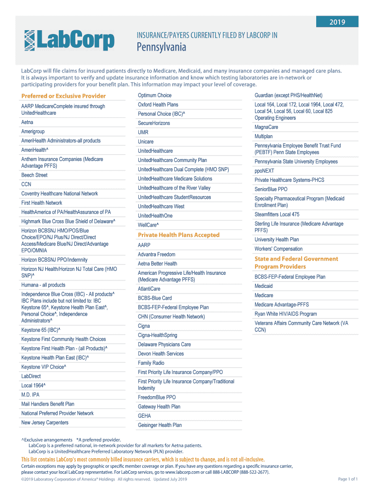 Fillable Online INSURANCE/PAYERS CURRENTLY FILED BY LABCORP IN Indiana
