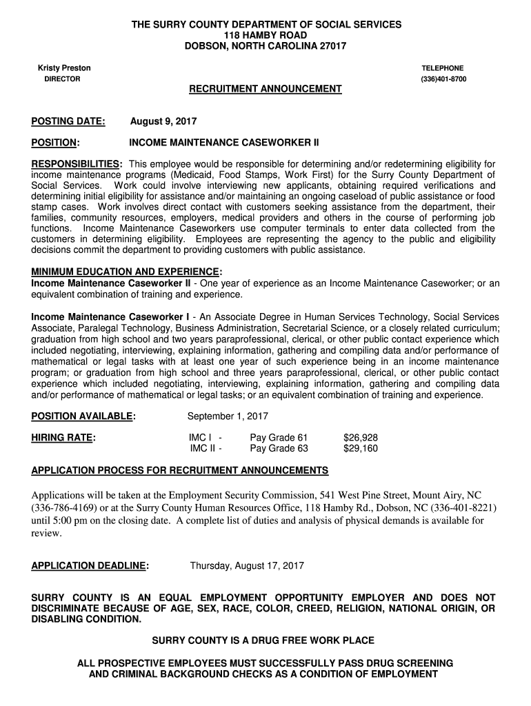 Fillable Online THE SURRY COUNTY DEPARTMENT OF SOCIAL SERVICES Fax