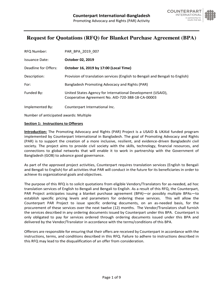 Fillable Online Request for Quotations (RFQ) Blanket Purchase