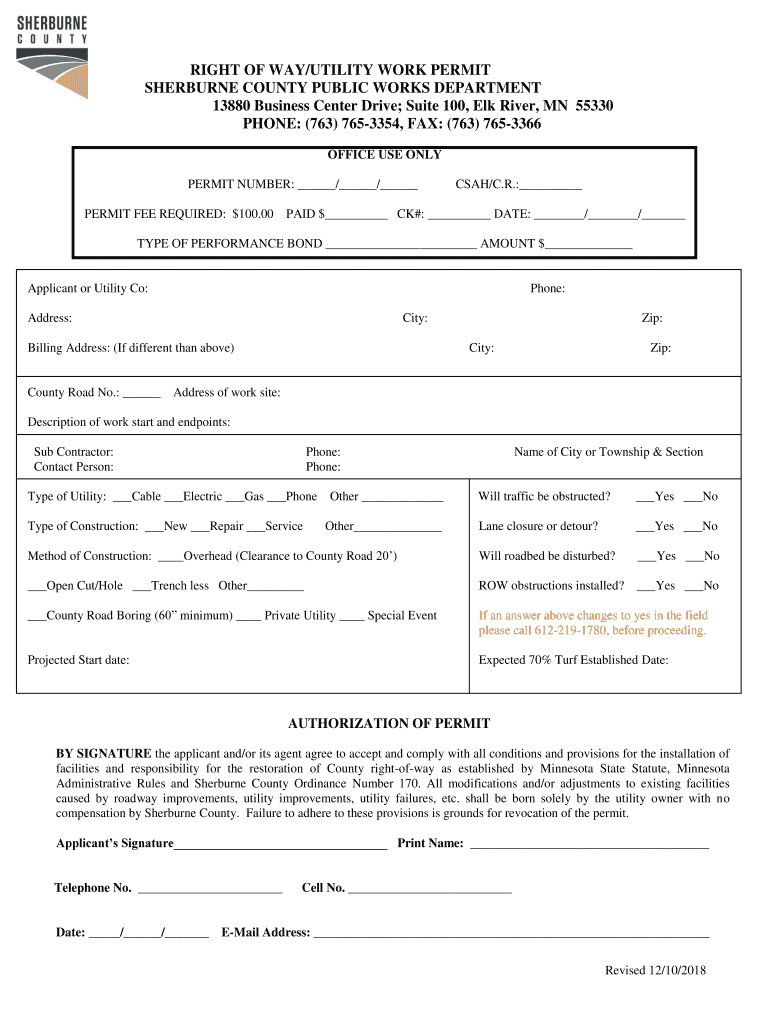 Fillable Online co sherburne mn PERMIT APPLICATION FOR INSTALLATION OF