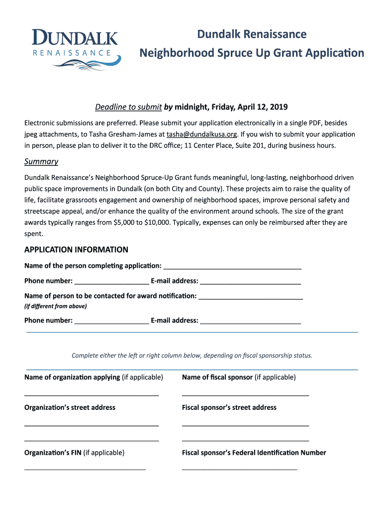 Fillable Online Dundalk Renaissance Neighborhood Spruce Up Grant