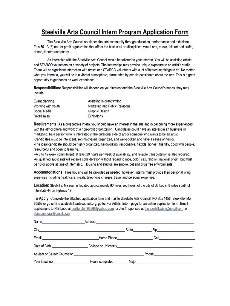 Fillable Online Steelville Arts Council Intern Program Application Form Fax Email Print pdfFiller