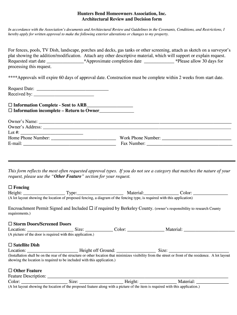 Fillable Online Hunters Bend Homeowners Association, Inc Fax Email