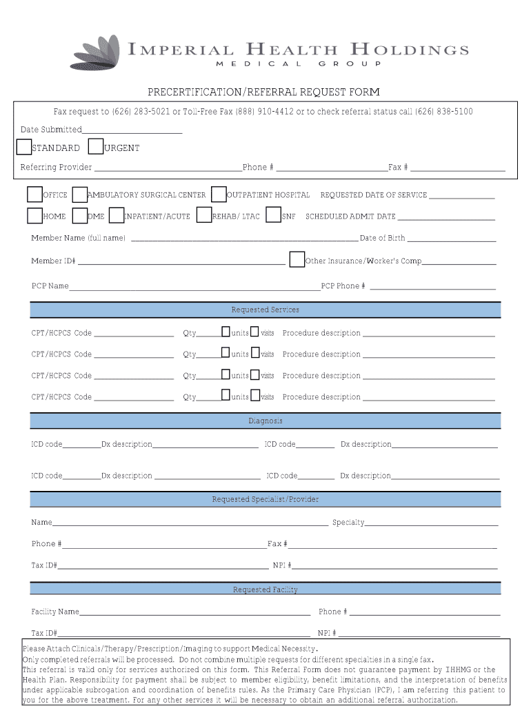 20192024 CA Imperial Health Holdings Precertification/Referral Request