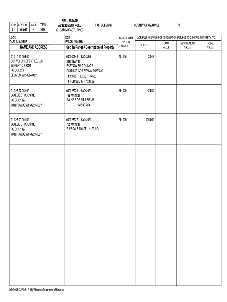 Fillable Online 2019 Real Estate Notification Roll for Ozaukee County