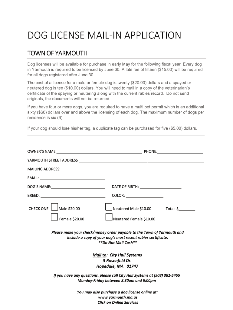 Fillable Online DogLicenseMailInApplication Town of Yarmouth Fax