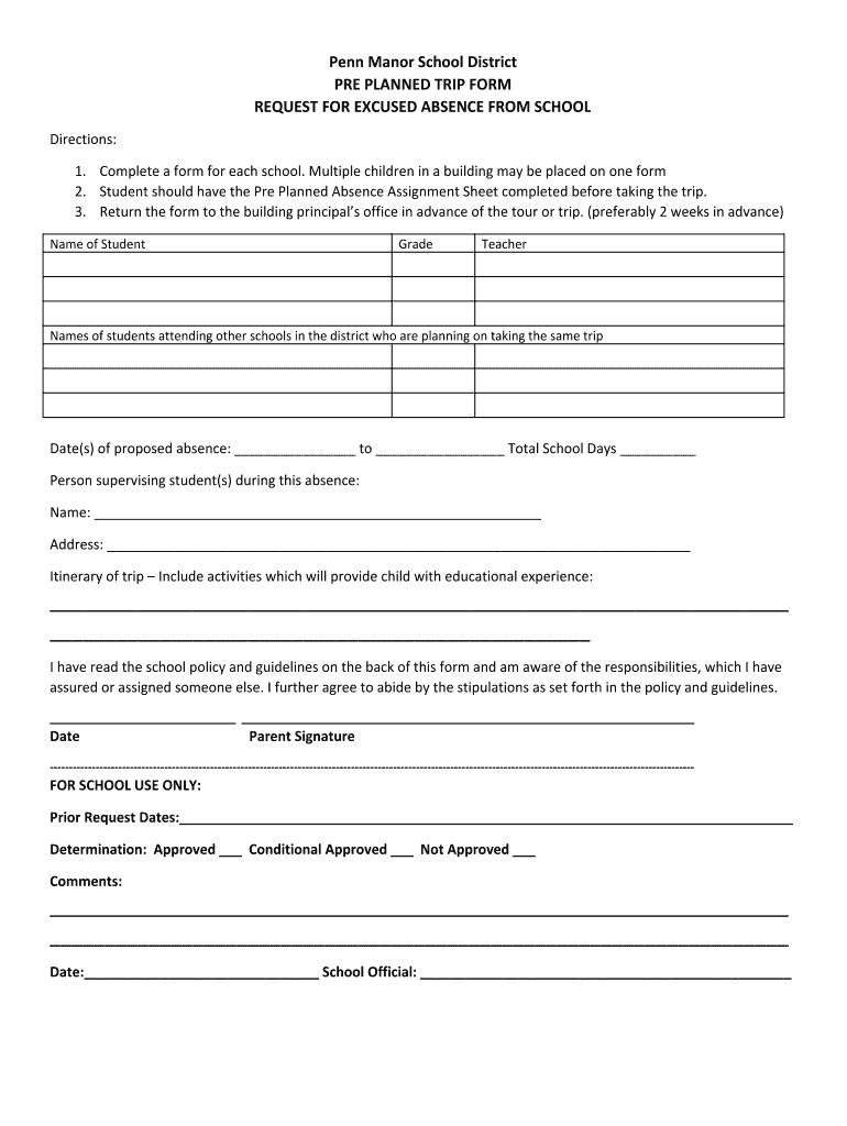 Fillable Online Penn Manor School District PRE PLANNED TRIP FORM